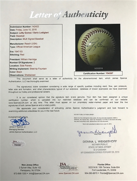 Lefty Gomez (HOF) Signed/Autographed Vintage Reach Official AL Baseball (William Harridge President) - JSA LOA (also signed by Dario Lodigiani)